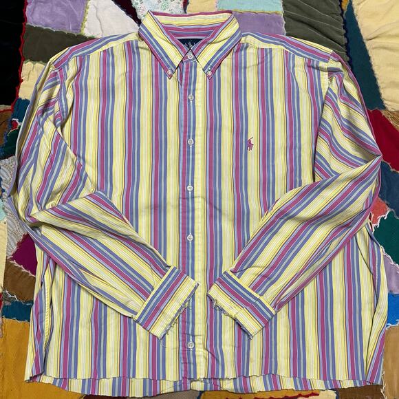 Polo Ralph Lauren Cropped Distressed Bright Yellow/Pink Button Up Large - Picture 1 of 6